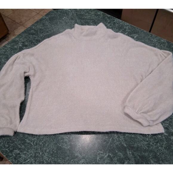 Sanctuary Fuzzy Balloon Puff Sleeve Mock Neck Sweater Ivory Women's Large Cozy - Picture 1 of 12
